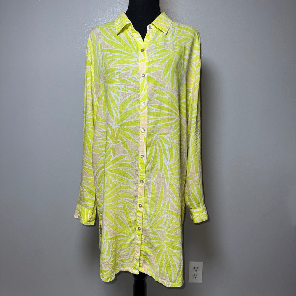 Sigrid Olsen XL Linen Blend Shirt Dress Tropical Palm Leaf Green Beach Resort